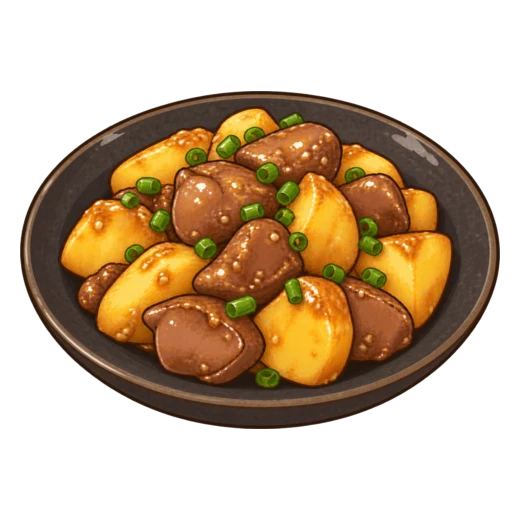 レバーとじゃがいもの甘みそからめのイラスト